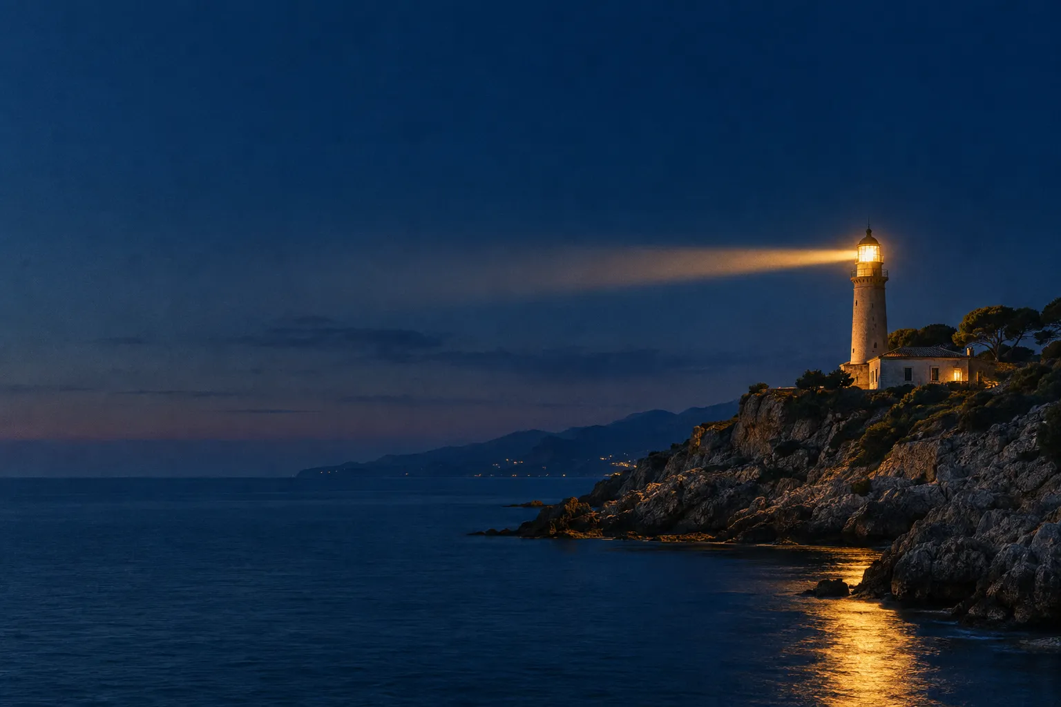 A lighthouse on a rocky Mediterranean coast casting its beam across the sea at dusk