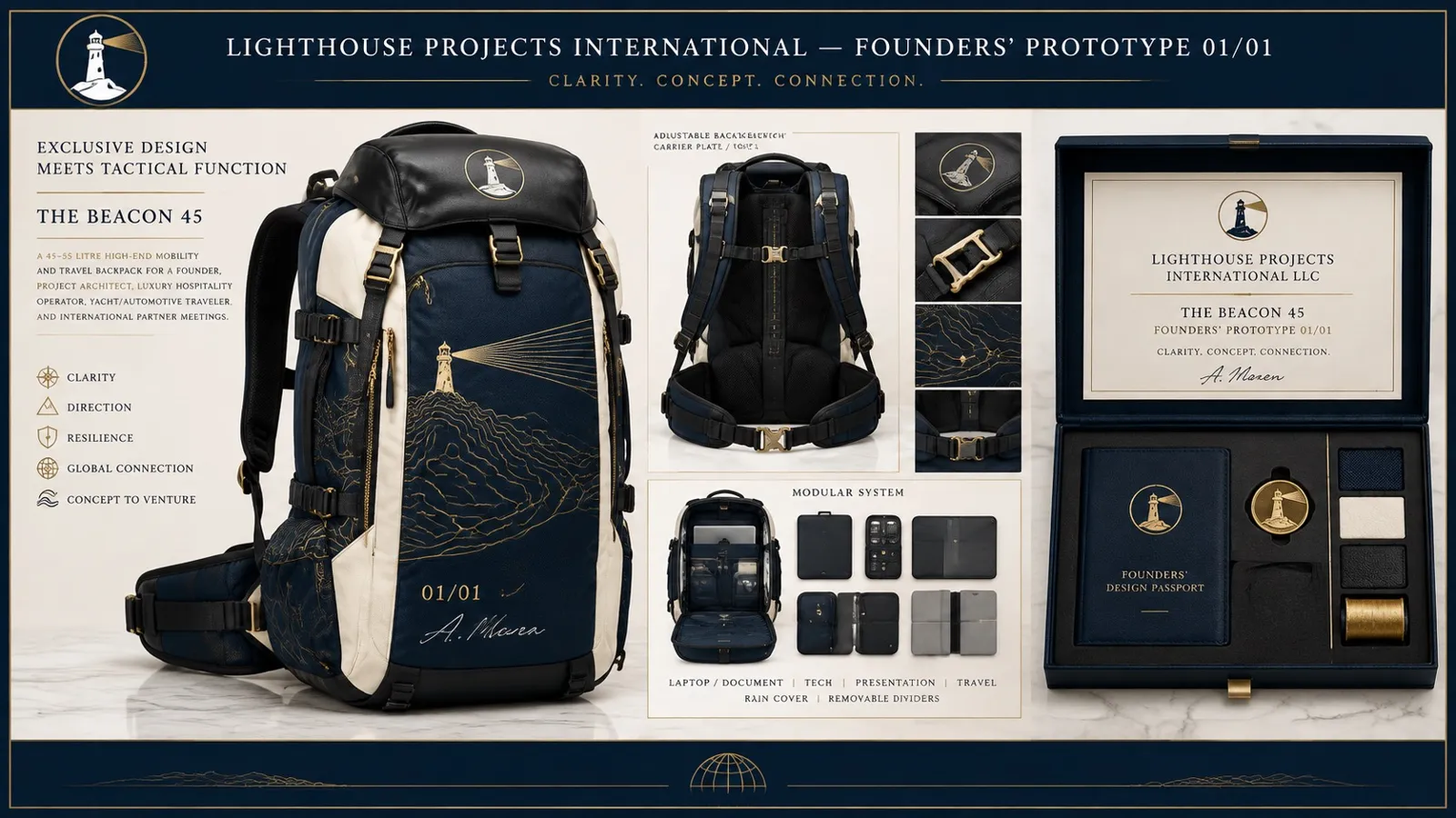 Design board of the founders’ prototype The Beacon 45: navy and ivory backpack with gold lighthouse embroidery, harness, modular inserts and a presentation box