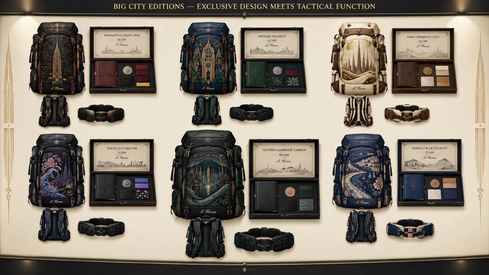 Board of the Big City Editions with city-themed backpacks and material swatches