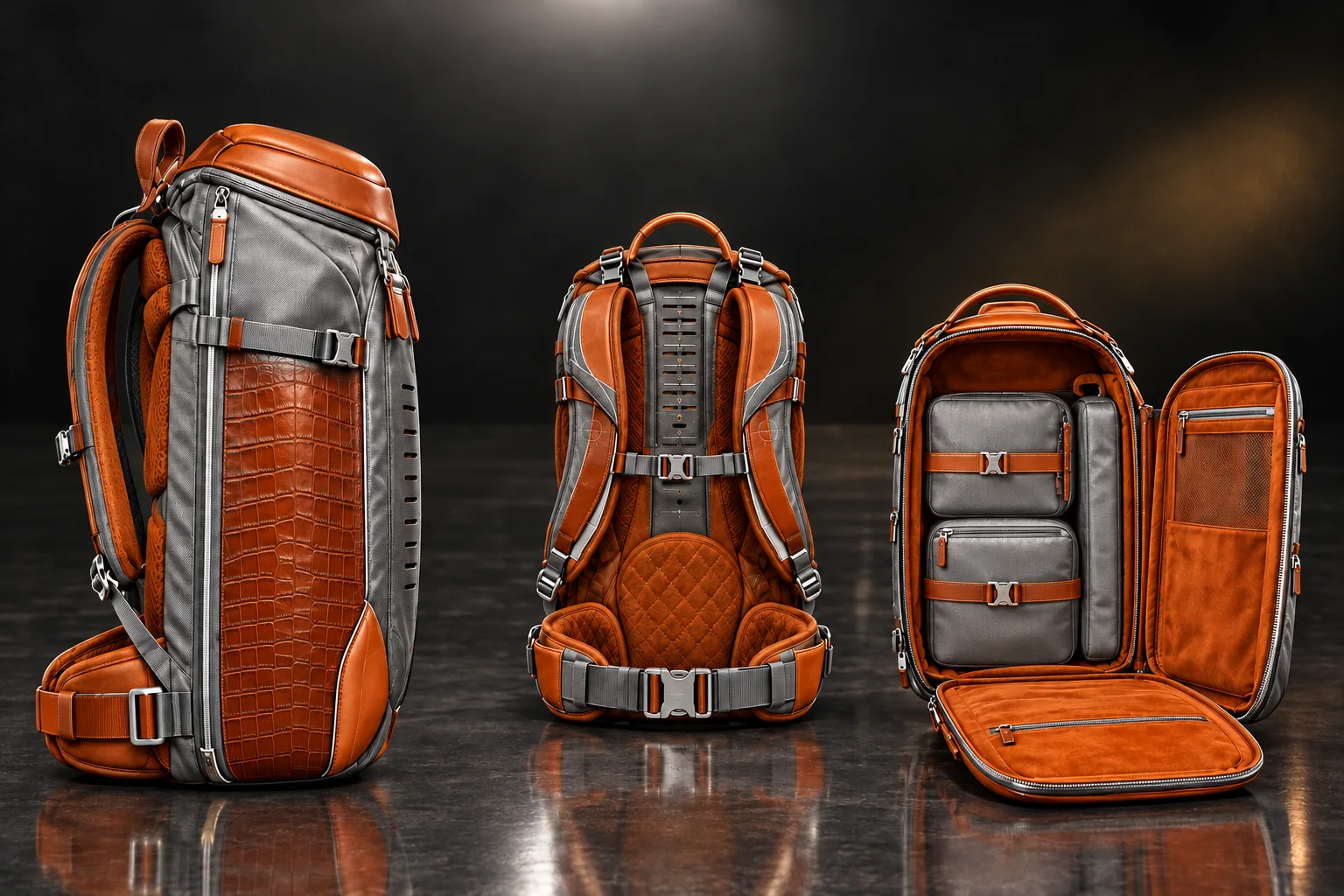 Three views of a silver-grey backpack with burnt orange croc-embossed leather, chrome piping and an orange quilted suede harness, one opened to show grey packing cubes