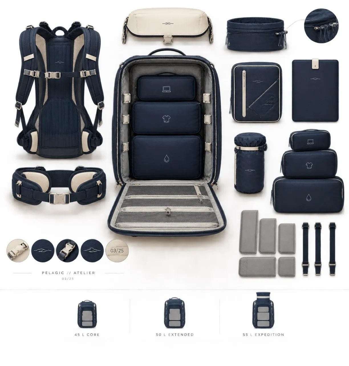 Flat lay of the opened backpack with detachable hip belt, packing cubes, laptop sleeve, pouches and straps