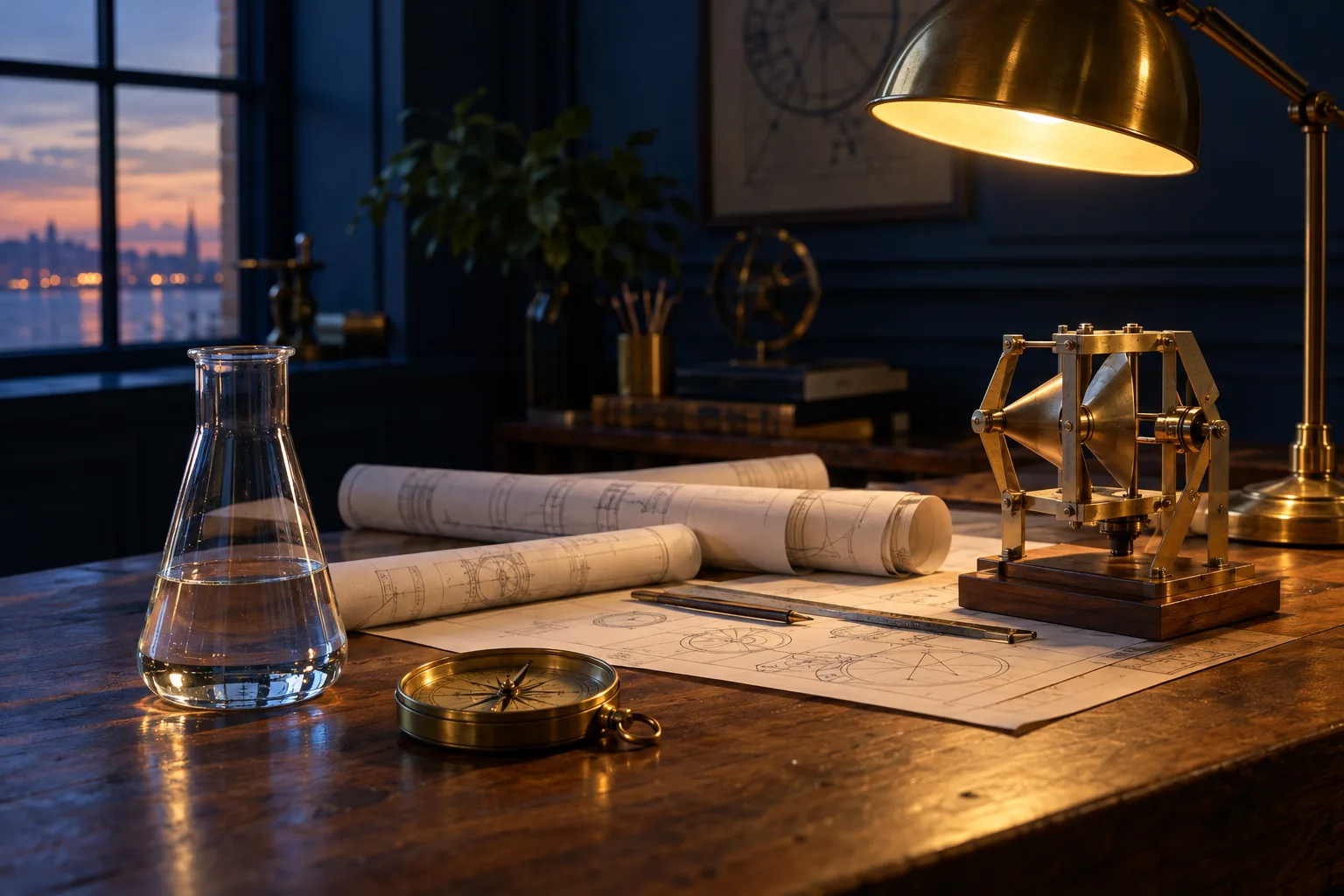 Workbench with a flask of clear water, a brass compass and technical drawings under a desk lamp