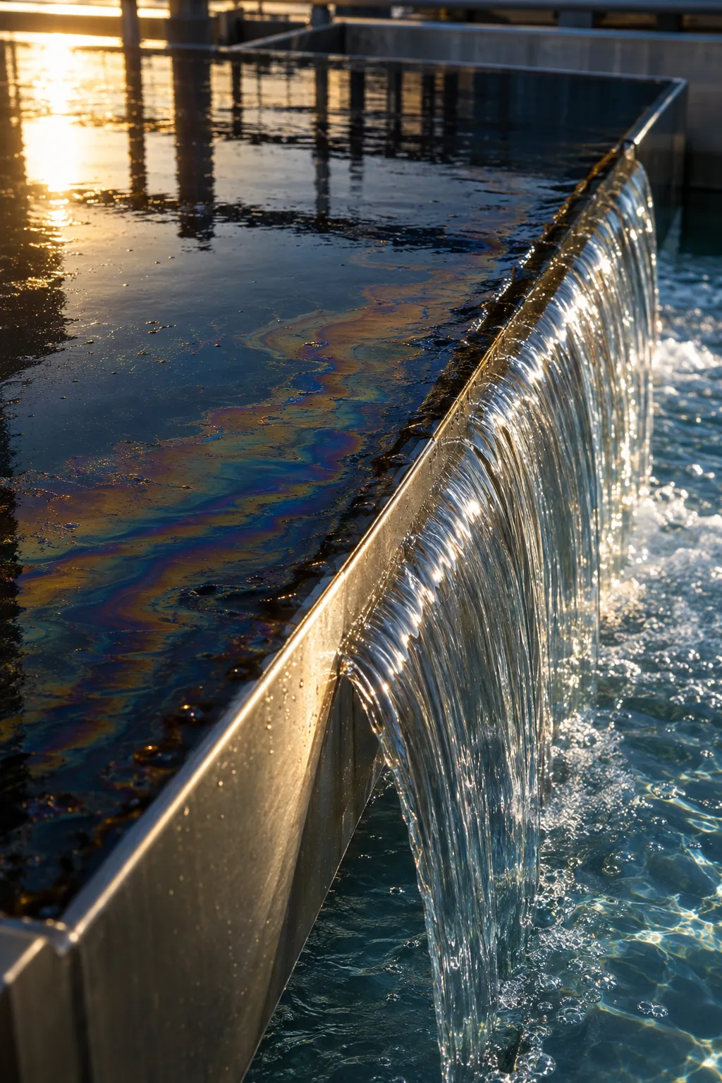 Clean water flowing over the edge of a stainless steel separation basin
